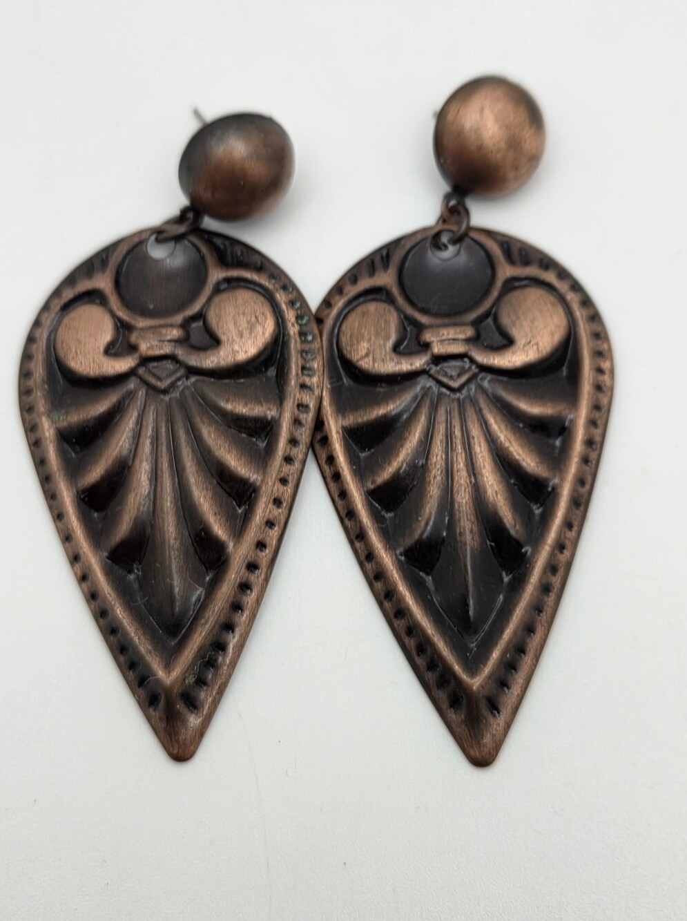 Vintage Antique Copper Fleur De Lis Teardrop Dangle Earrings Statement Stud
